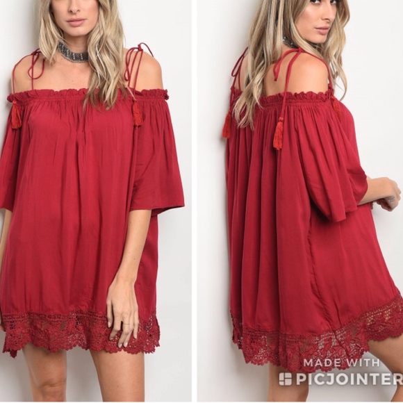 Vizio Dresses & Skirts - Vizio Red Wine Tassel Off Shoulder Dress❤